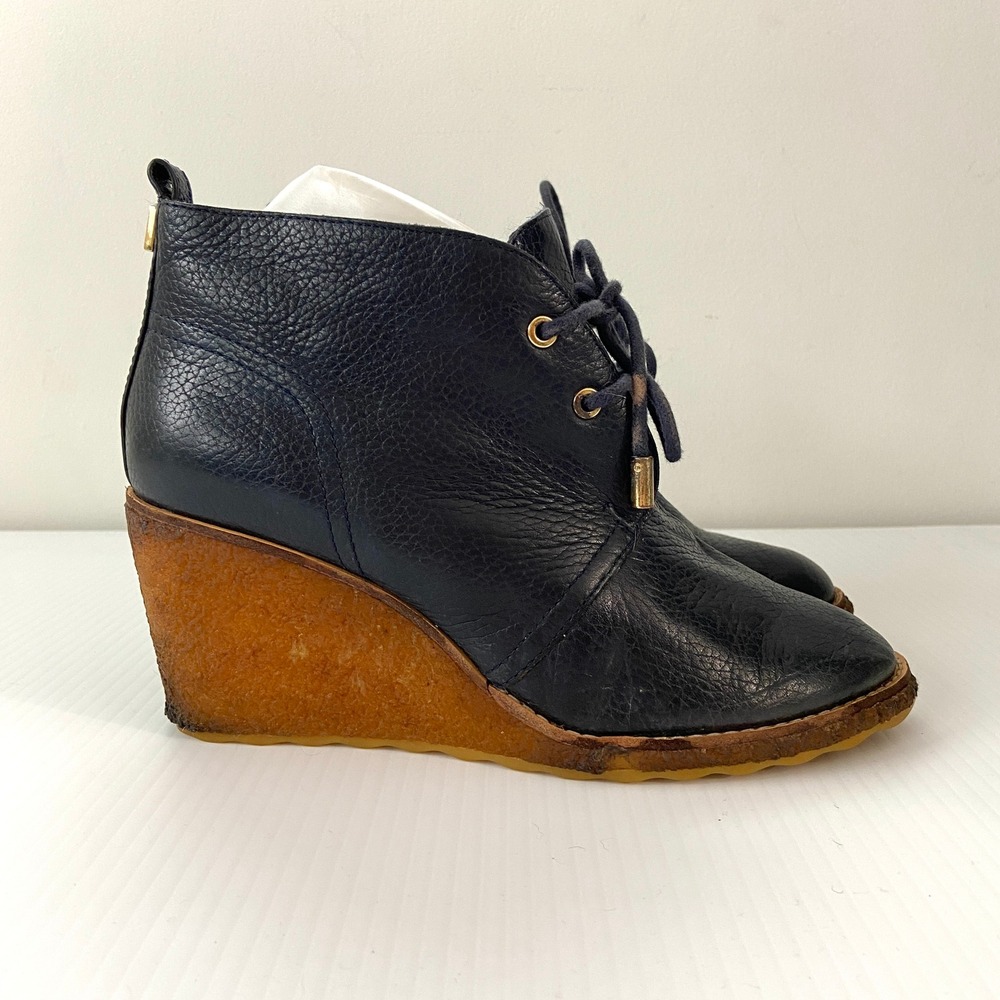 Tory Burch Vikki Navy Blue Leather Crepe Wedge Fur Lined Ankle Boot Women 8M
